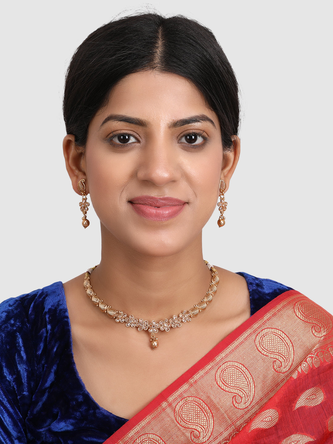 Gold-Plated White AD Stone-Studded & Beaded Jewellery Set