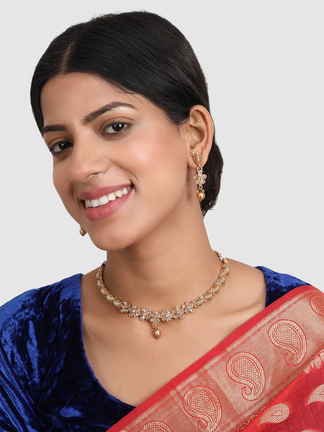 Gold-Plated White AD Stone-Studded & Beaded Jewellery Set