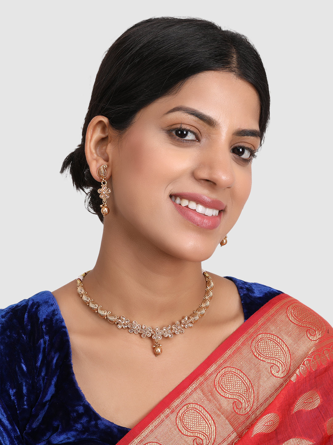 Gold-Plated White AD Stone-Studded & Beaded Jewellery Set