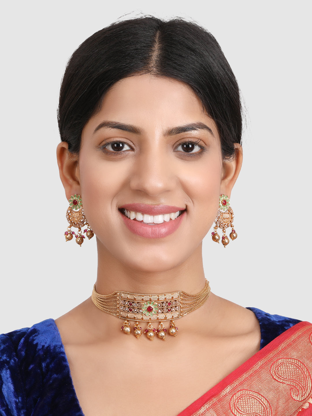 Gold-Plated Multi-Coloured AD-Studded & Beaded Jewellery Set