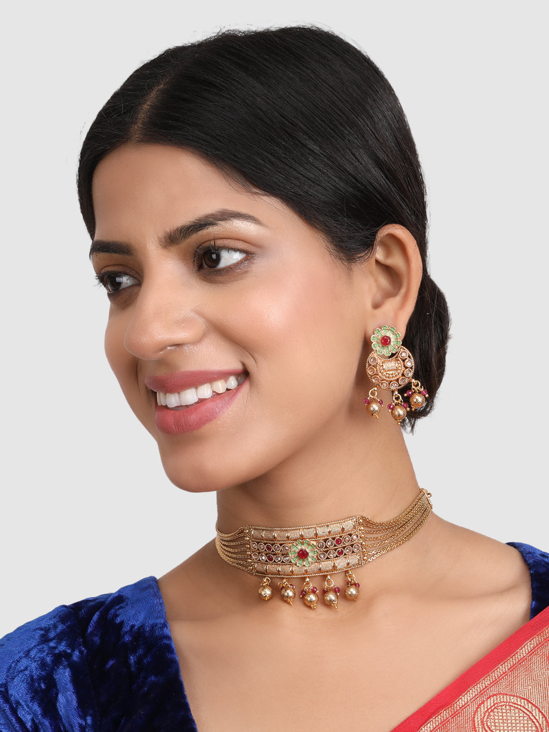Gold-Plated Multi-Coloured AD-Studded & Beaded Jewellery Set