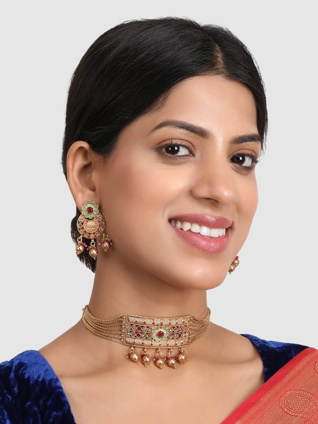 Gold-Plated Multi-Coloured AD-Studded & Beaded Jewellery Set