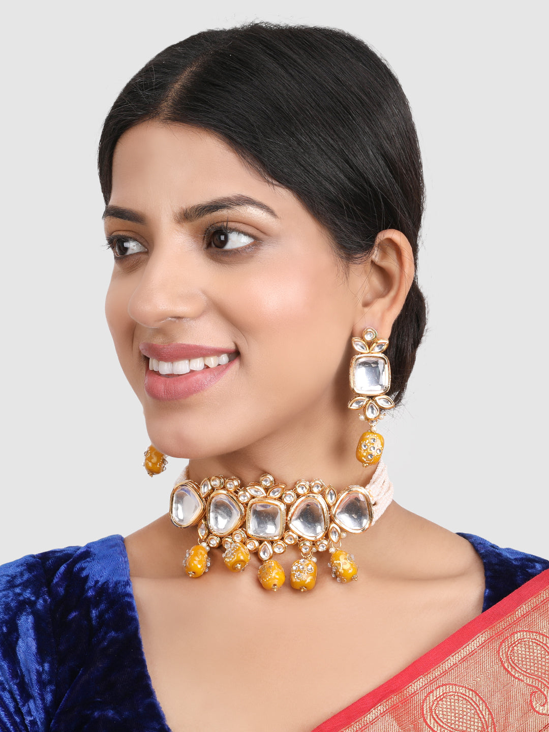 Gold-Plated Colorful White Kundan-Studded Jewellery Set