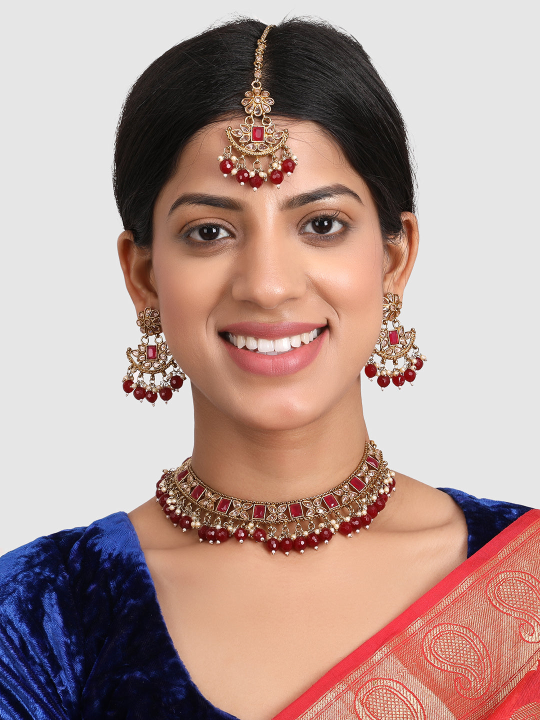 Gold-Plated Maroon & White Stone-Studded & Beaded Jewellery Set