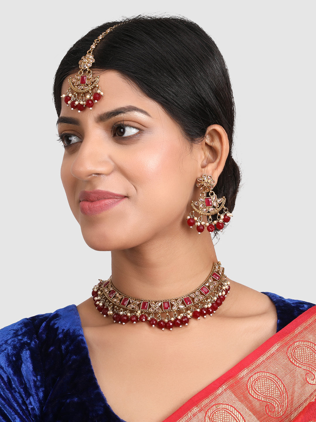 Gold-Plated Maroon & White Stone-Studded & Beaded Jewellery Set
