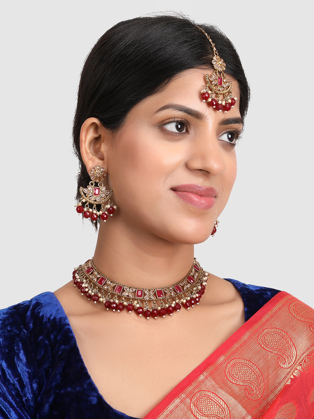 Gold-Plated Maroon & White Stone-Studded & Beaded Jewellery Set