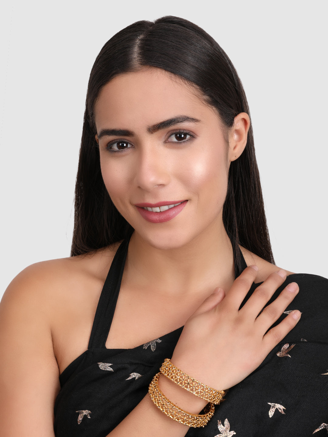 Womens Set of 2 Gold American Diamond Stone Studded Bangles