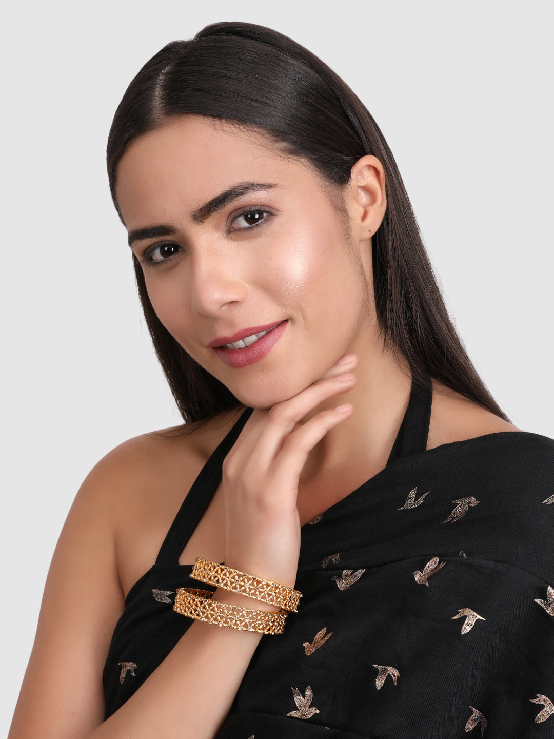 Womens Set of 2 Gold American Diamond Stone Studded Bangles