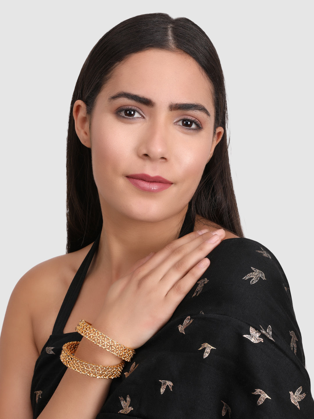Womens Set of 2 Gold American Diamond Stone Studded Bangles