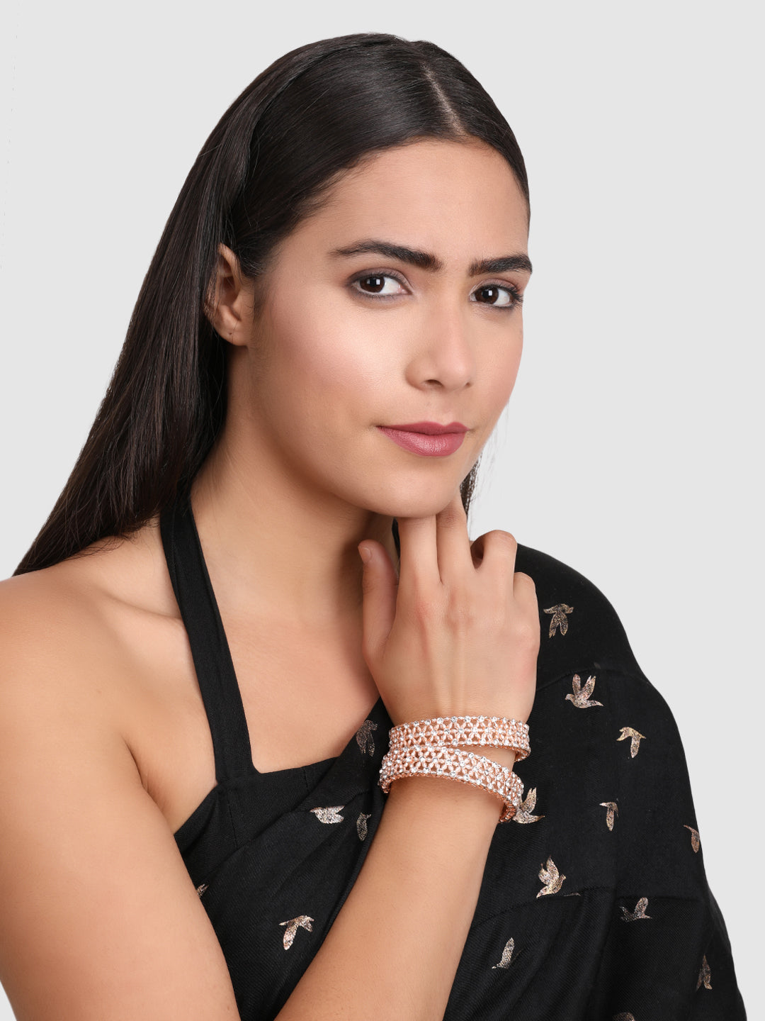 Womens Set of 2 Rose Gold American Diamond Stone Studded Kada/Bangles
