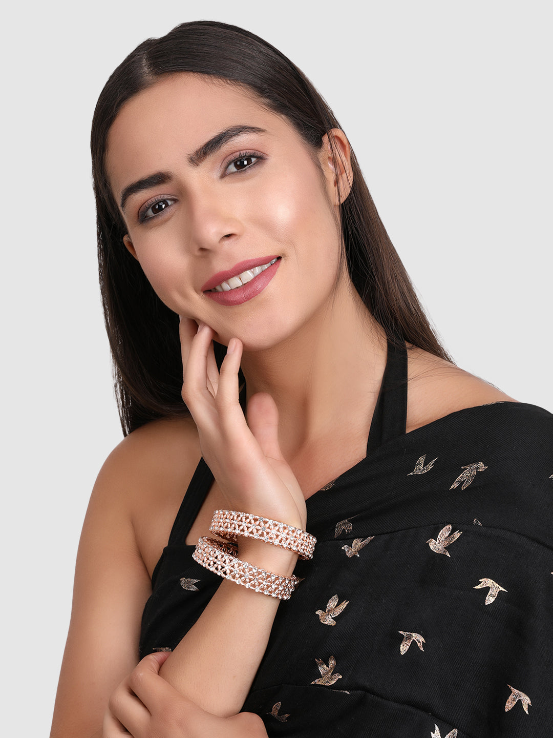 Womens Set of 2 Rose Gold American Diamond Stone Studded Kada/Bangles