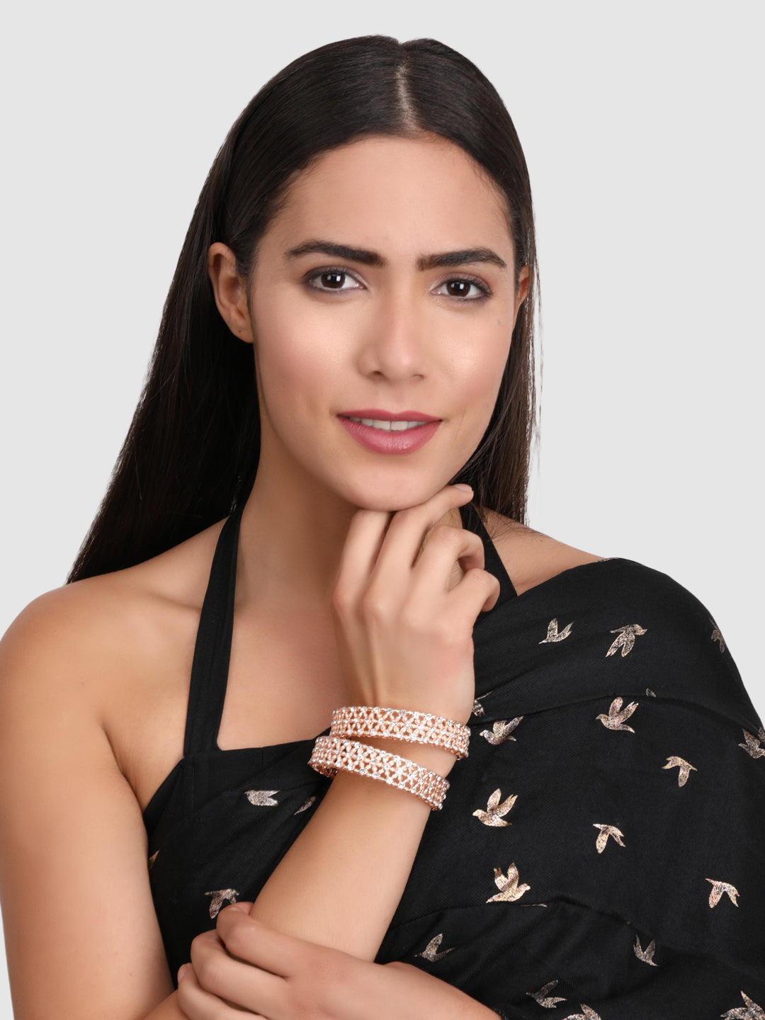 Womens Set of 2 Rose Gold American Diamond Stone Studded Kada/Bangles