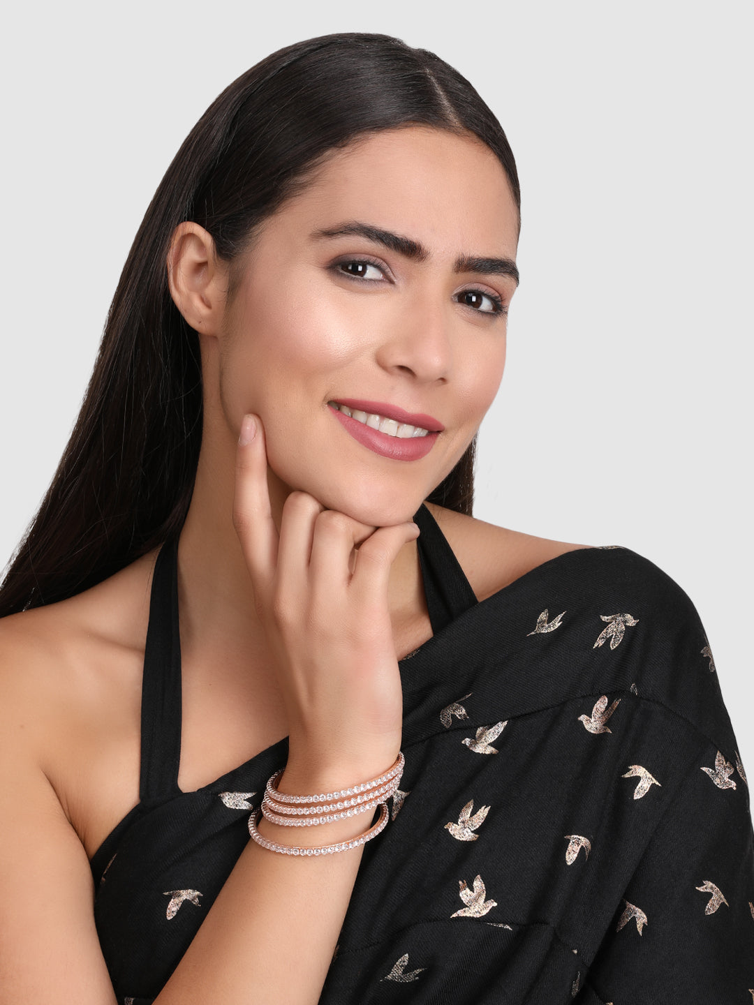 Set Of 4 Rose-Gold Plated & White AD-Studded Bangles