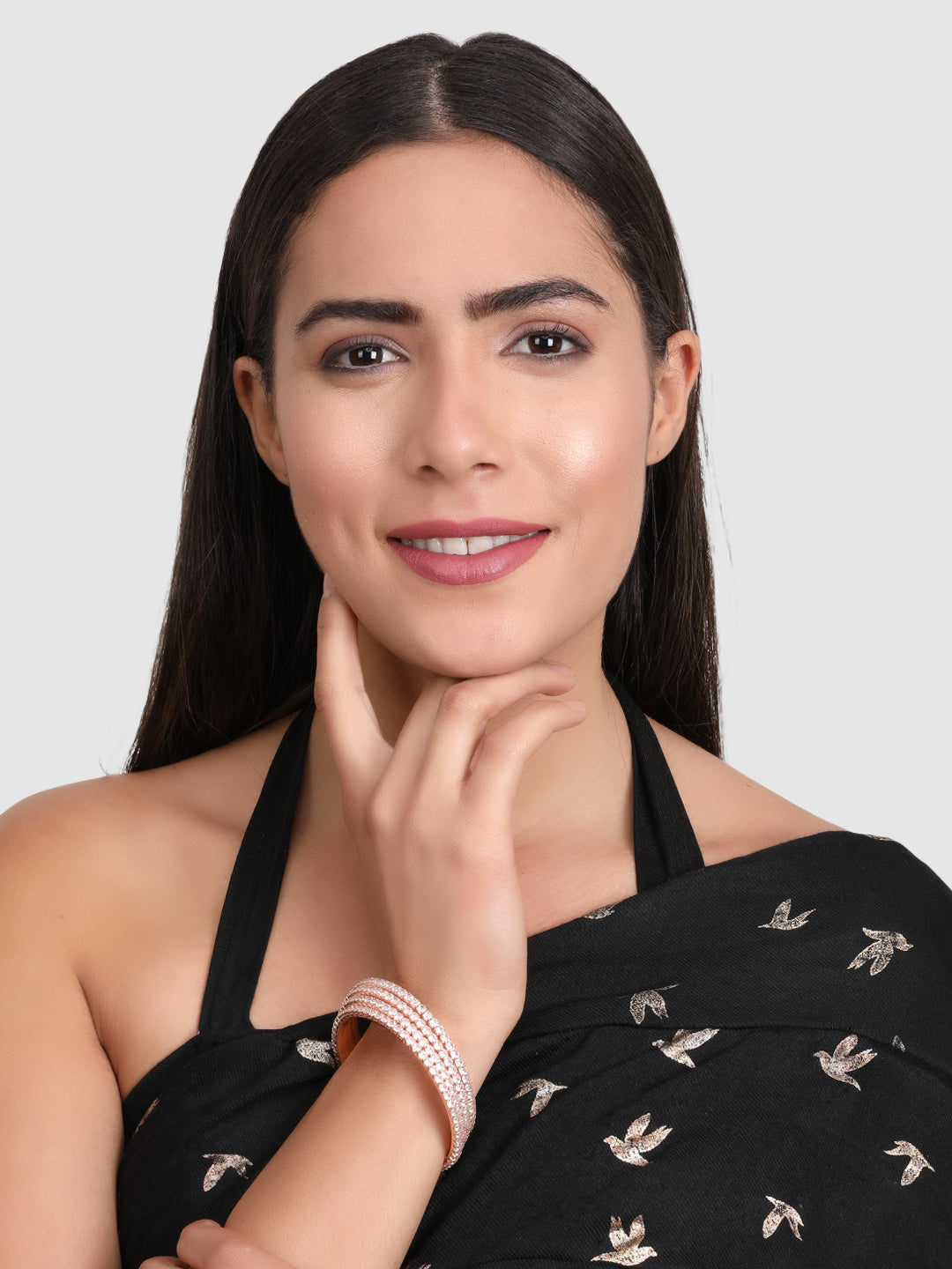 Set Of 4 Rose-Gold Plated & White AD-Studded Bangles