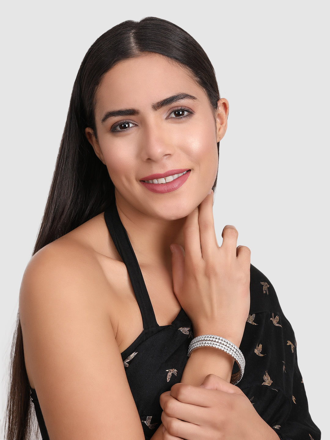Set of 4 White Silver-Plated American Diamond Studded Bangles