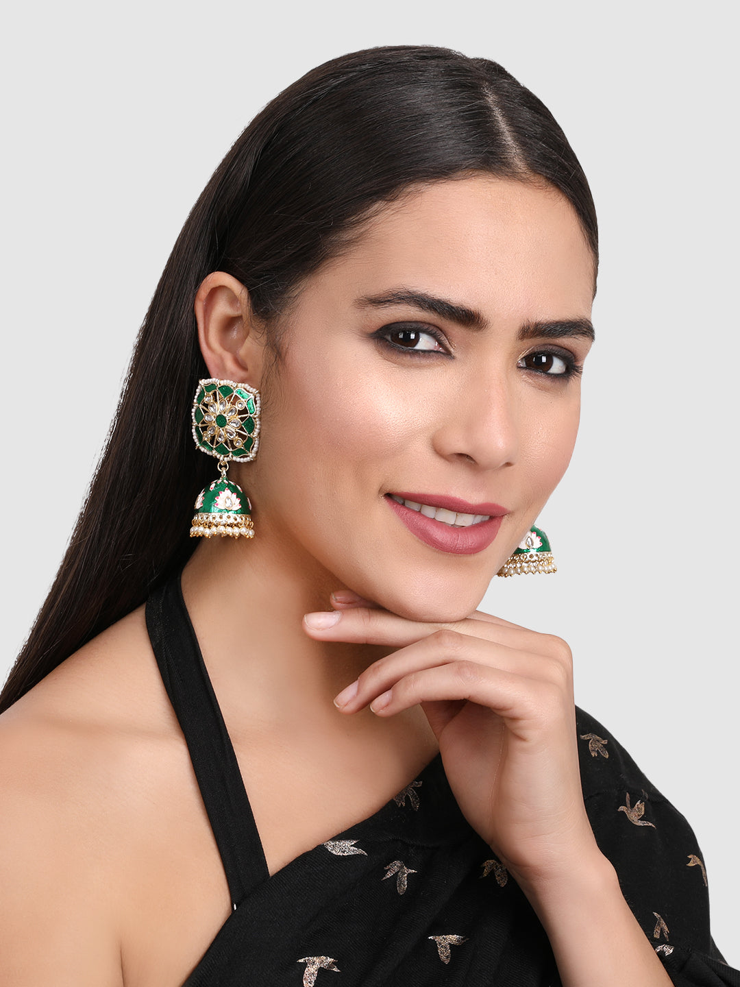 Green Dome Kundan Meenakari Jhumkas Earrings