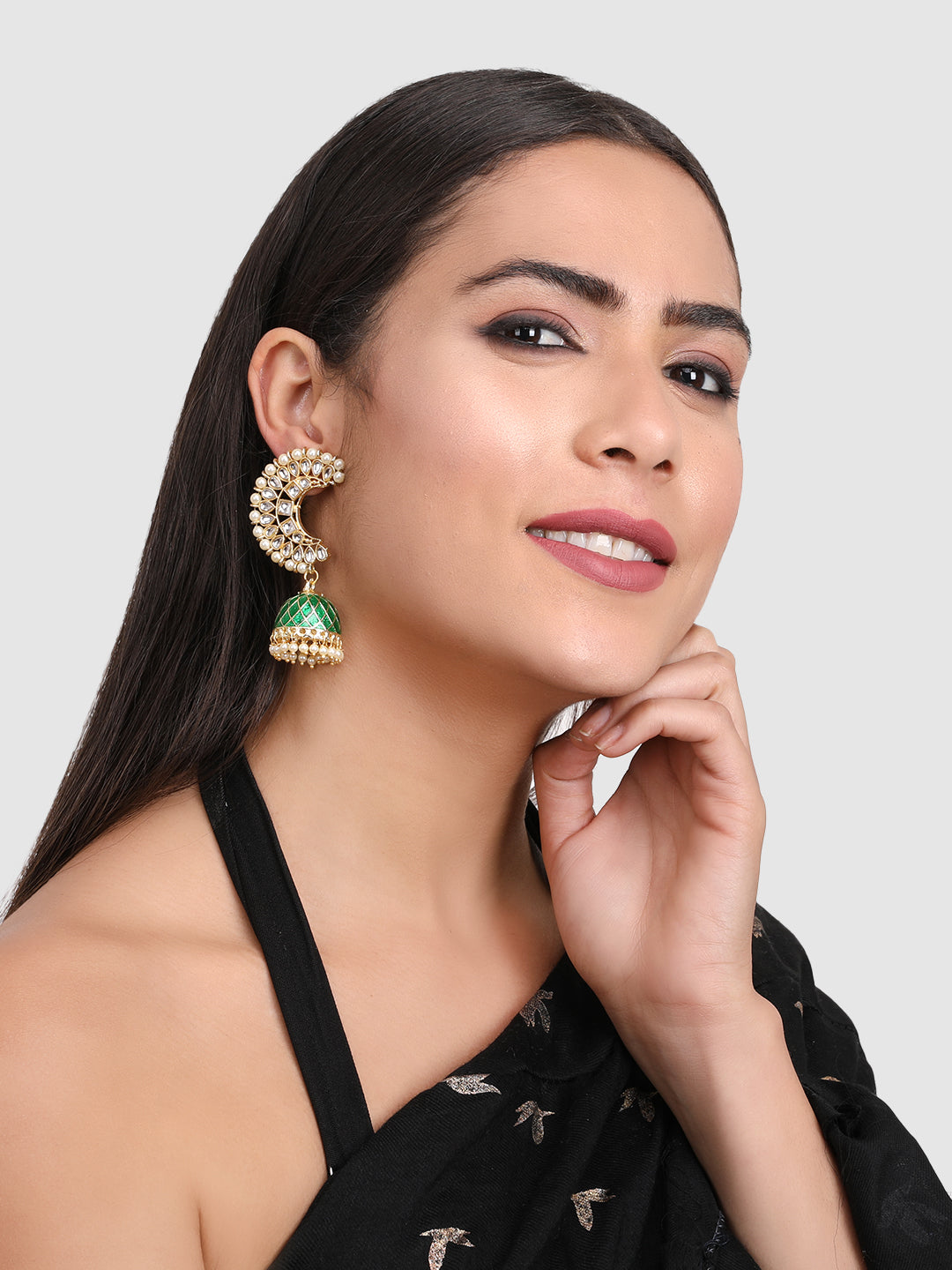 Gold-Toned & Green Dome Shaped Jhumkas Earrings
