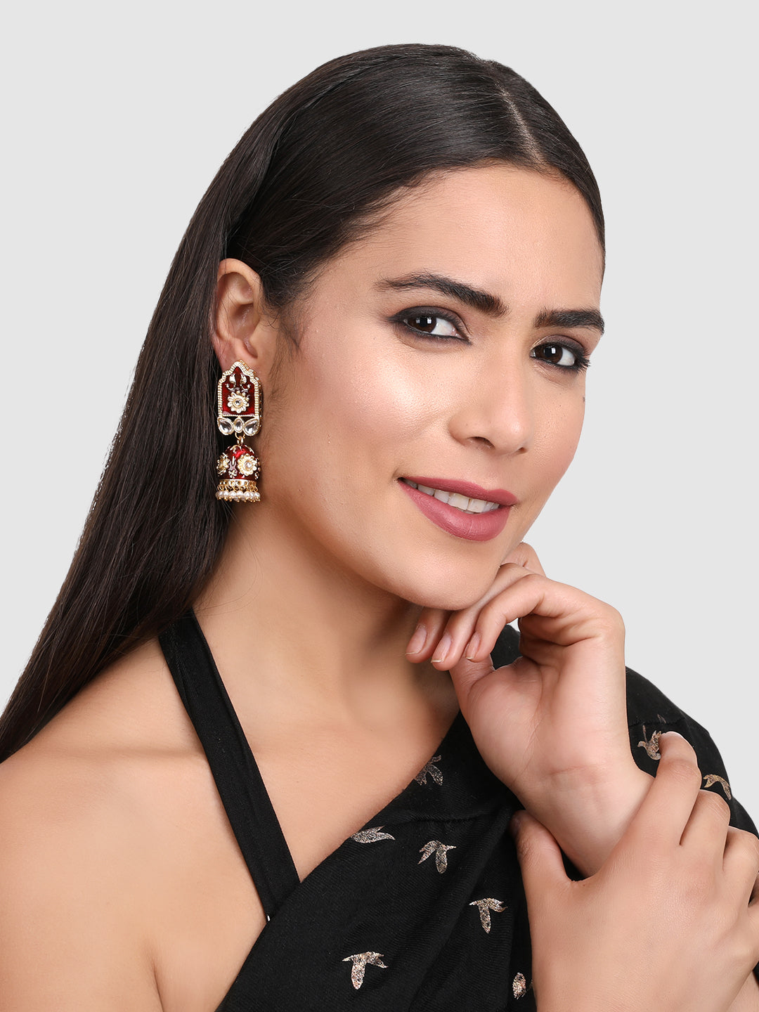 Red Enamelled & Kundan Studded Contemporary Jhumkas Earrings