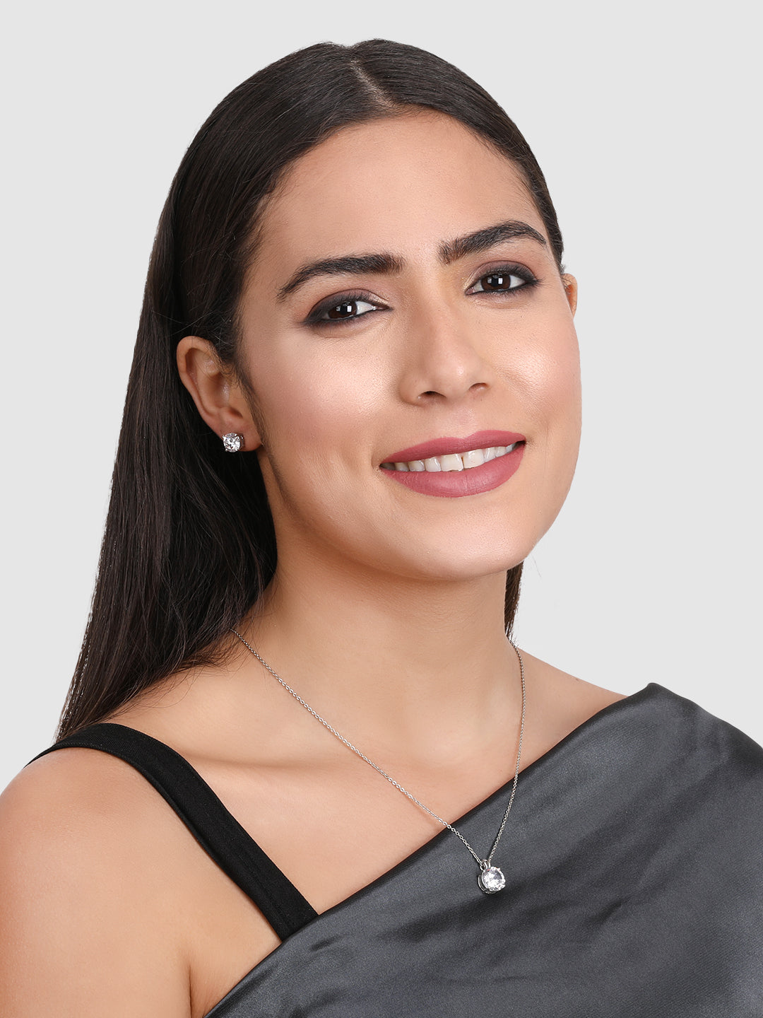 Silver-Plated Stone Studded Pendant With Chain