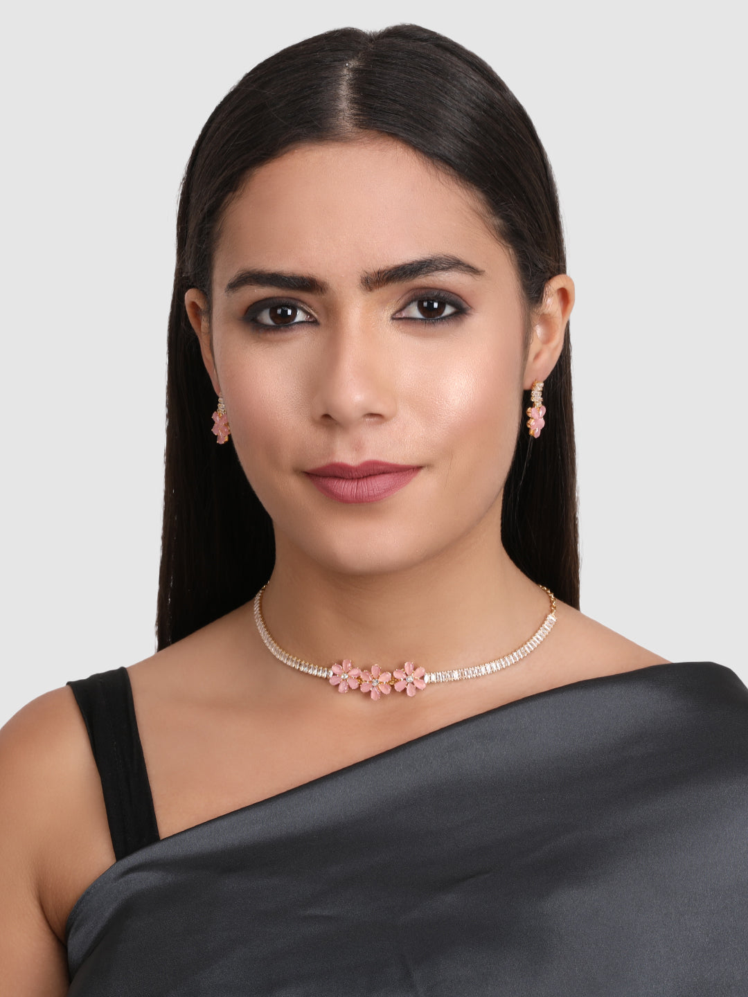 Gold-Plated Pink Stone Studded Jewellery Set