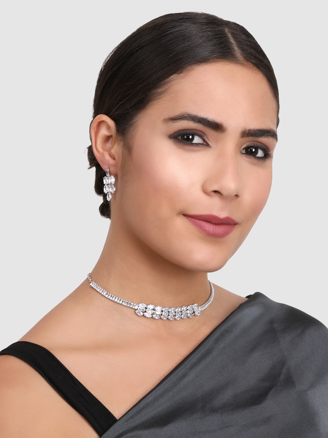 Silver-Plated White AD Studded Handcrafted Jewellery Set