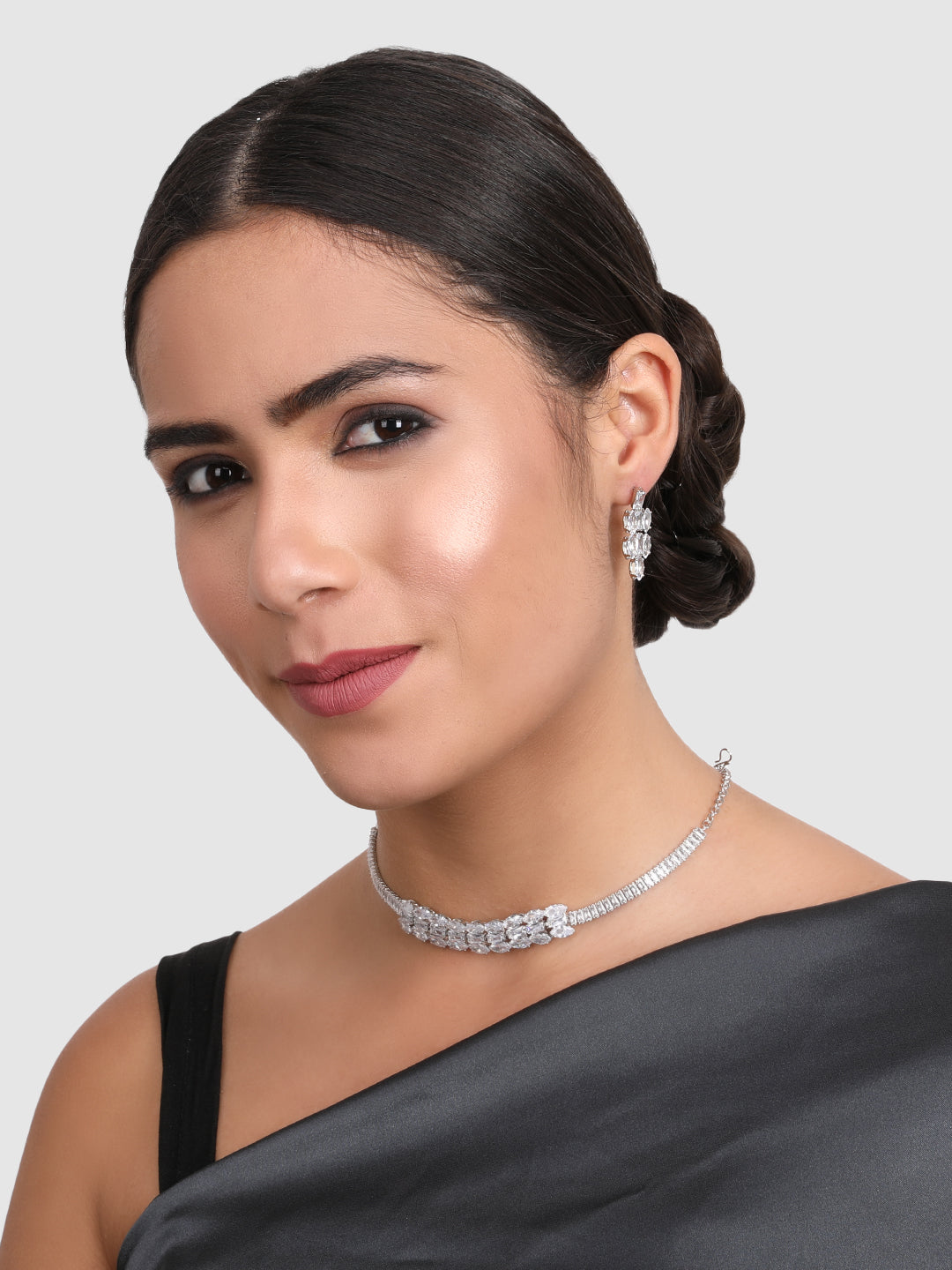 Silver-Plated White AD Studded Handcrafted Jewellery Set