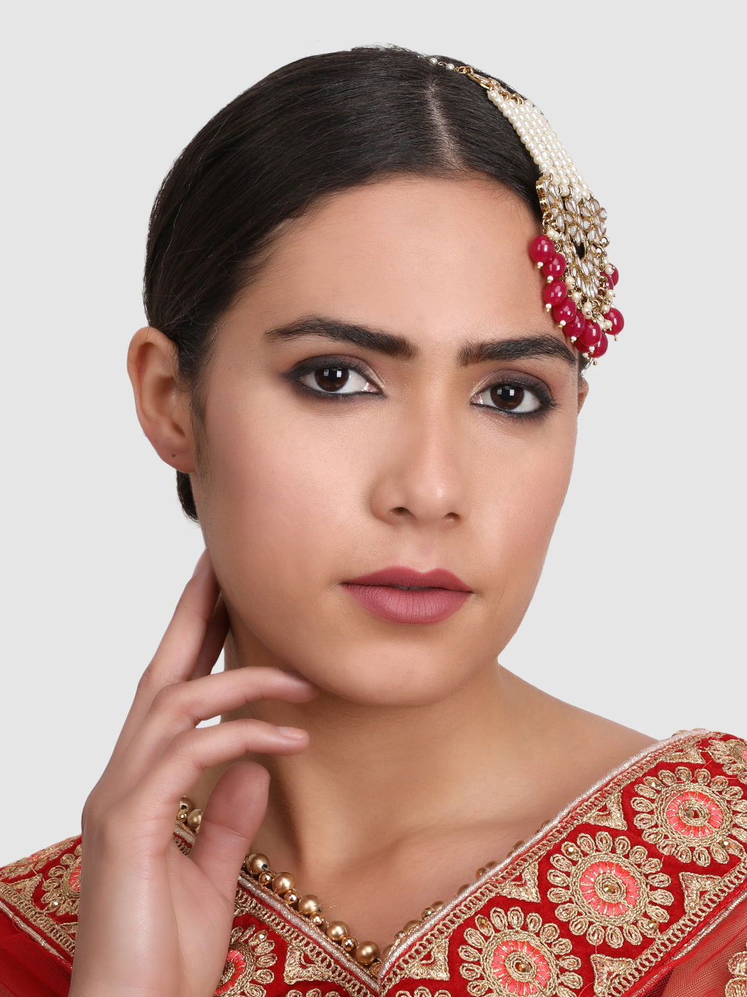 Gold-Plated Red Kundan-Studded & Pearl Beaded Jhumar Passa