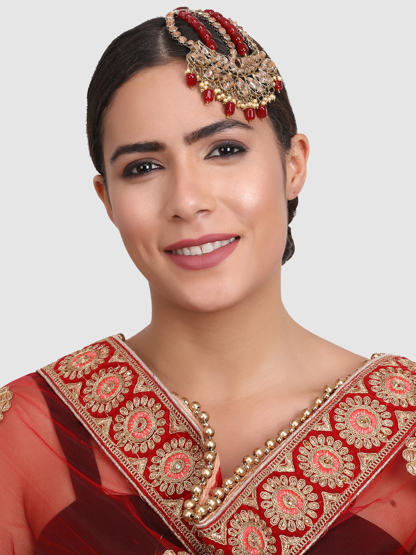 Gold-Plated & Red Kundan-Studded & Pearl Beaded Jhumar Passa