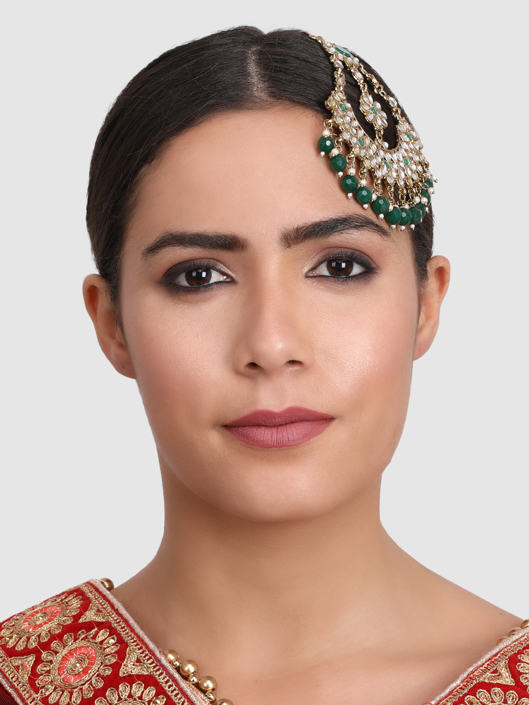 Gold Plated Green & White Kundan-Studded & Beaded Jhumar