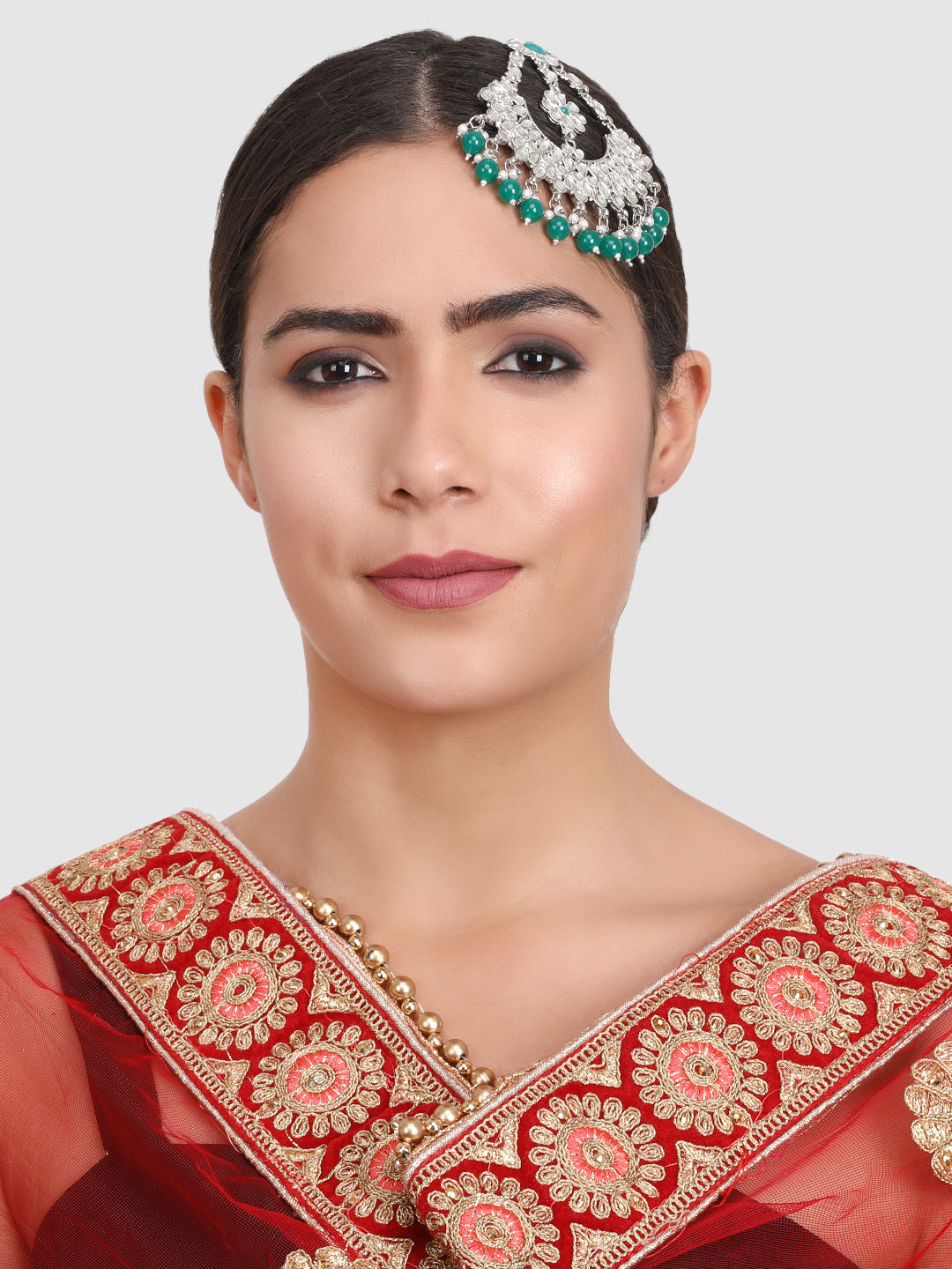 Silver-Plated Green Kundan Studded Jhumar Passa
