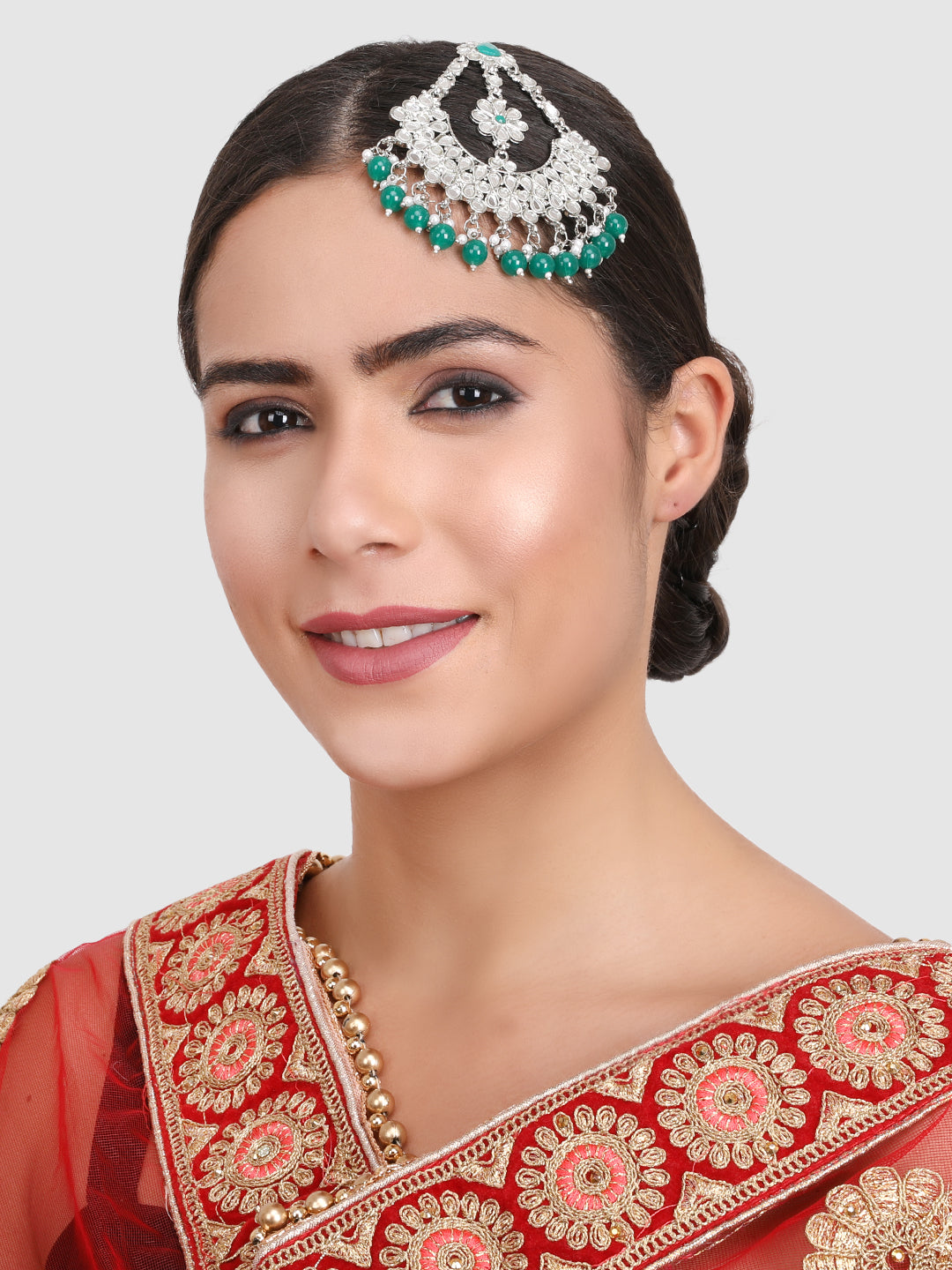 Silver-Plated Green Kundan Studded Jhumar Passa