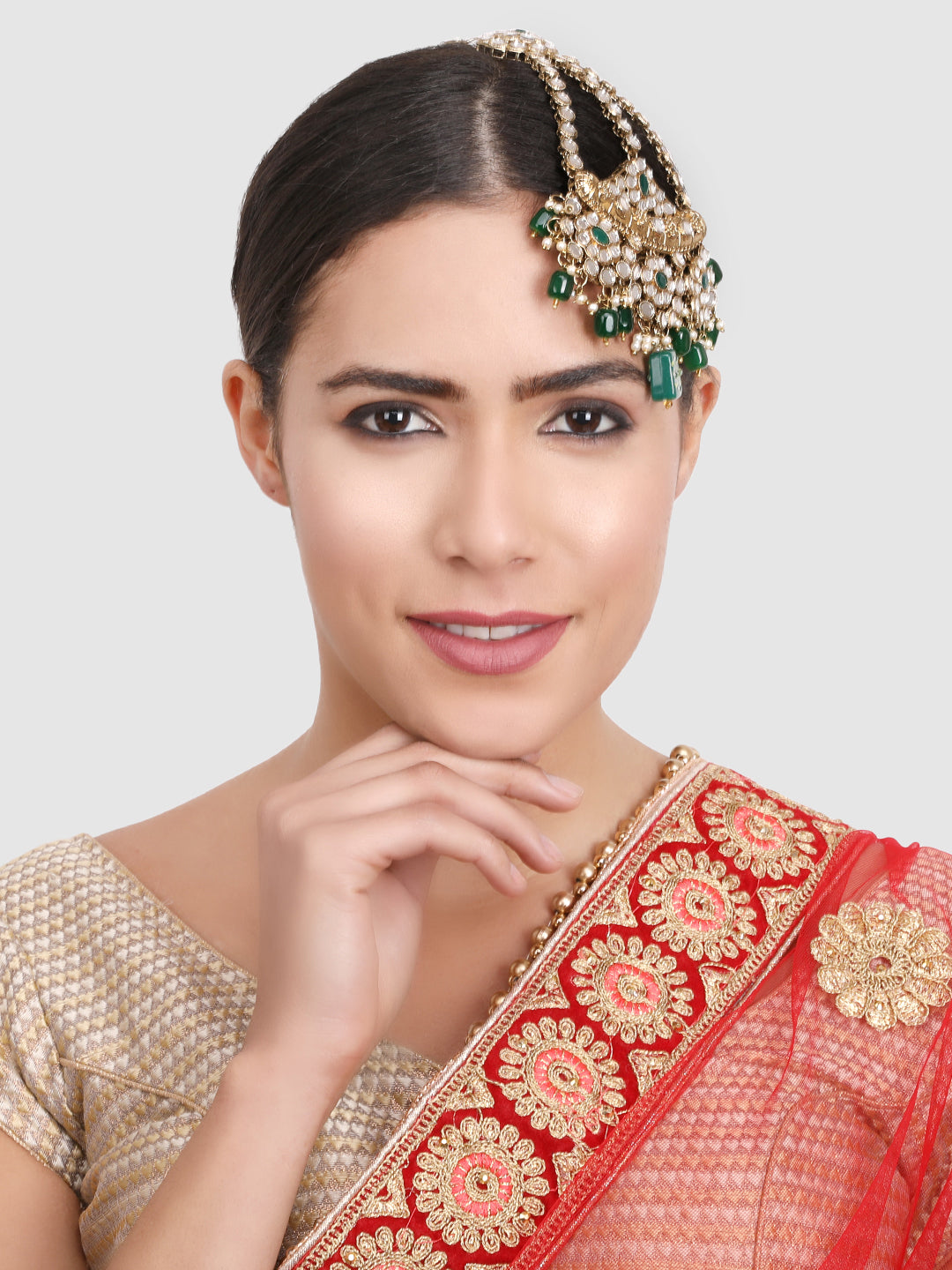 Gold Plated Green & White Kundan Studded Jhumar Passa