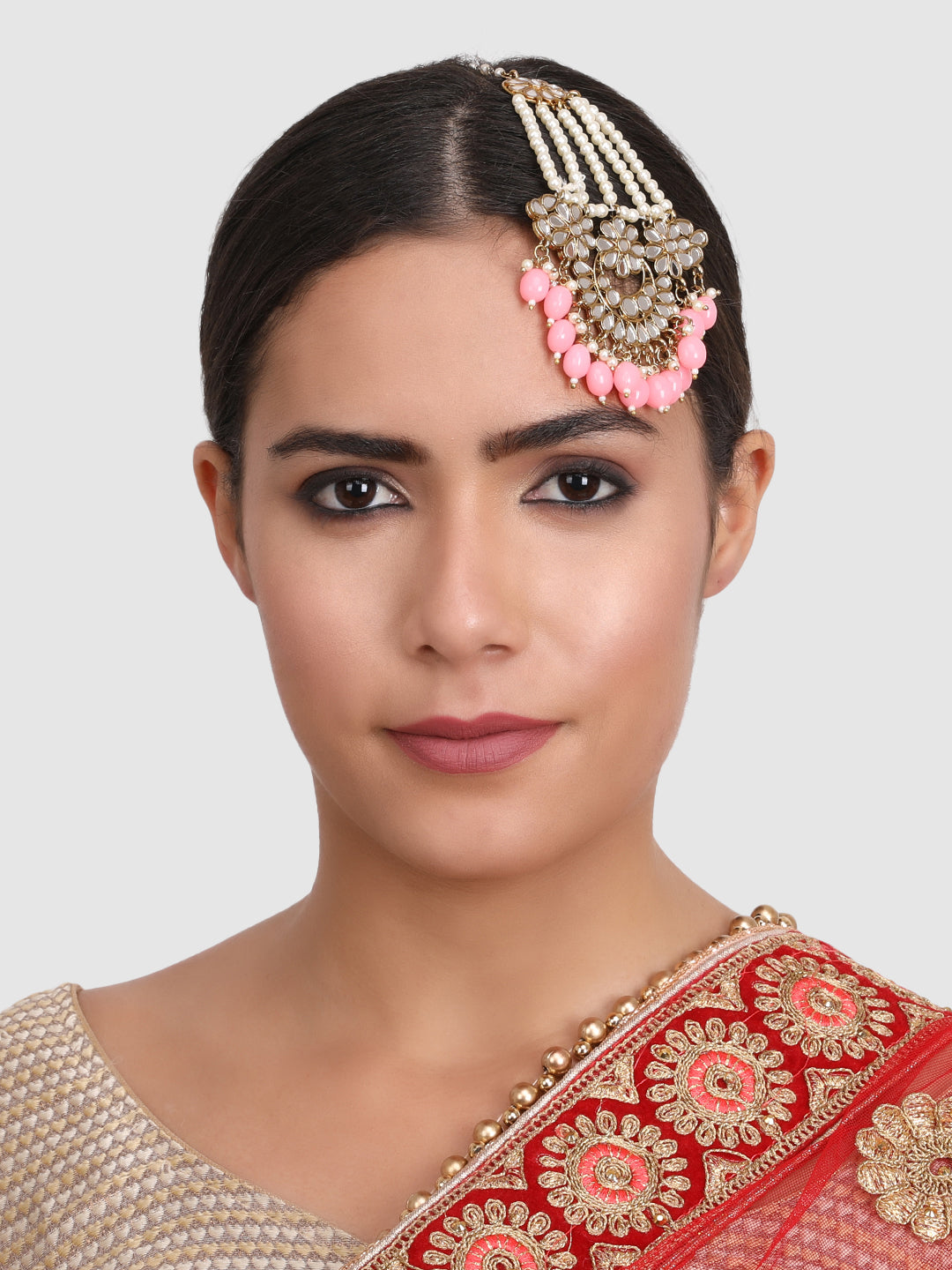 Gold-Plated White & Pink Kundan-Studded & Beaded Handcrafted Jhumar Passa