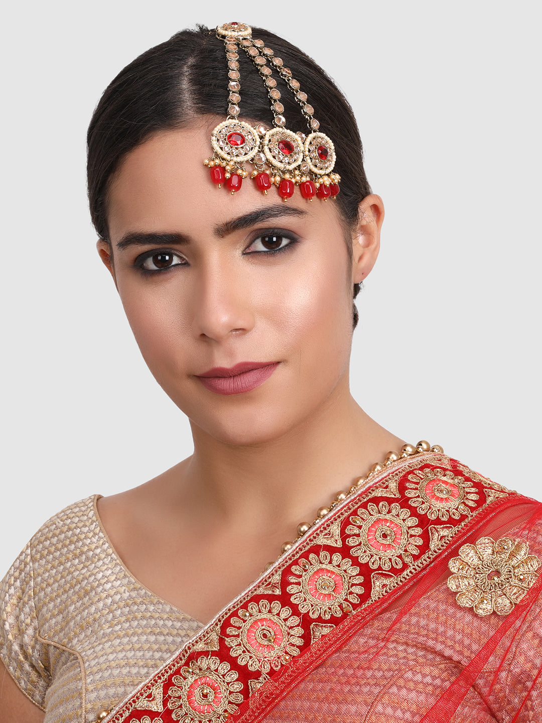 Gold-Plated Red & White Kundan-Studded & Beaded Handcrafted Jhumar Passa