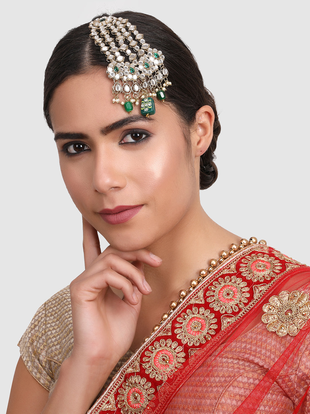 Gold Plated Green & White Kundan-Studded & Beaded Jhumar
