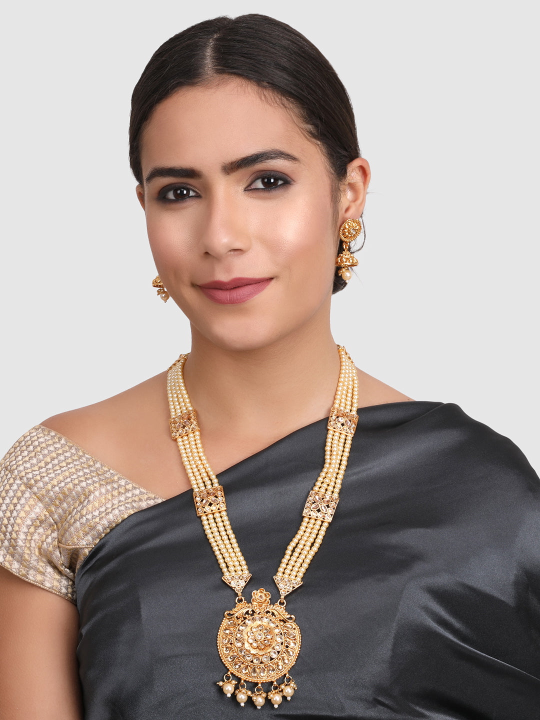Gold-Plated Stone-Studded & Beaded Jewellery Set