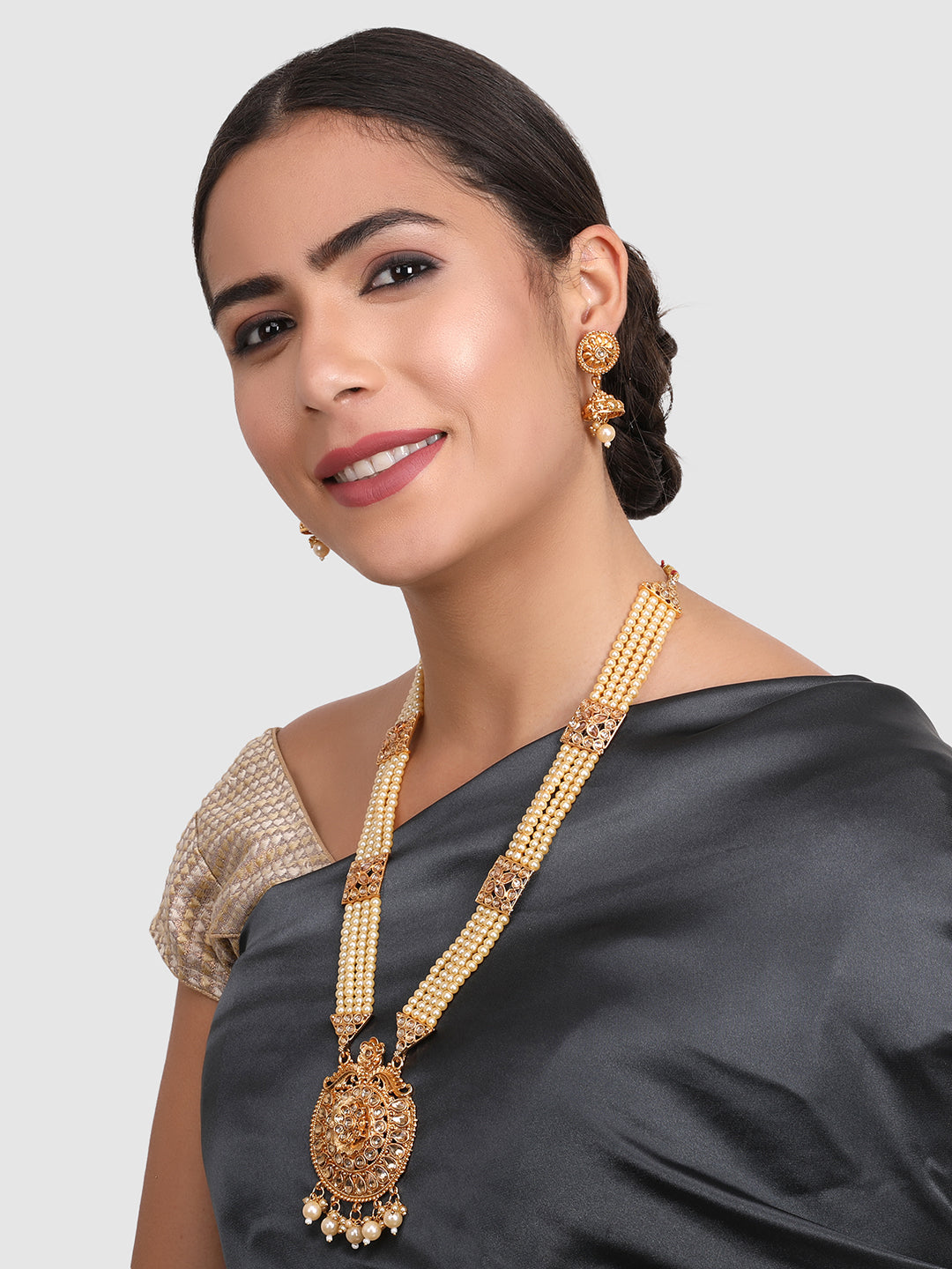 Gold-Plated Stone-Studded & Beaded Jewellery Set