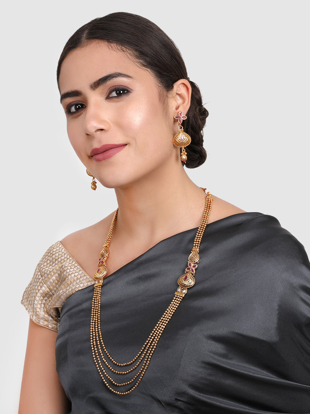 Gold-Plated Maroon Stone-Studded & Beaded Jewellery Set