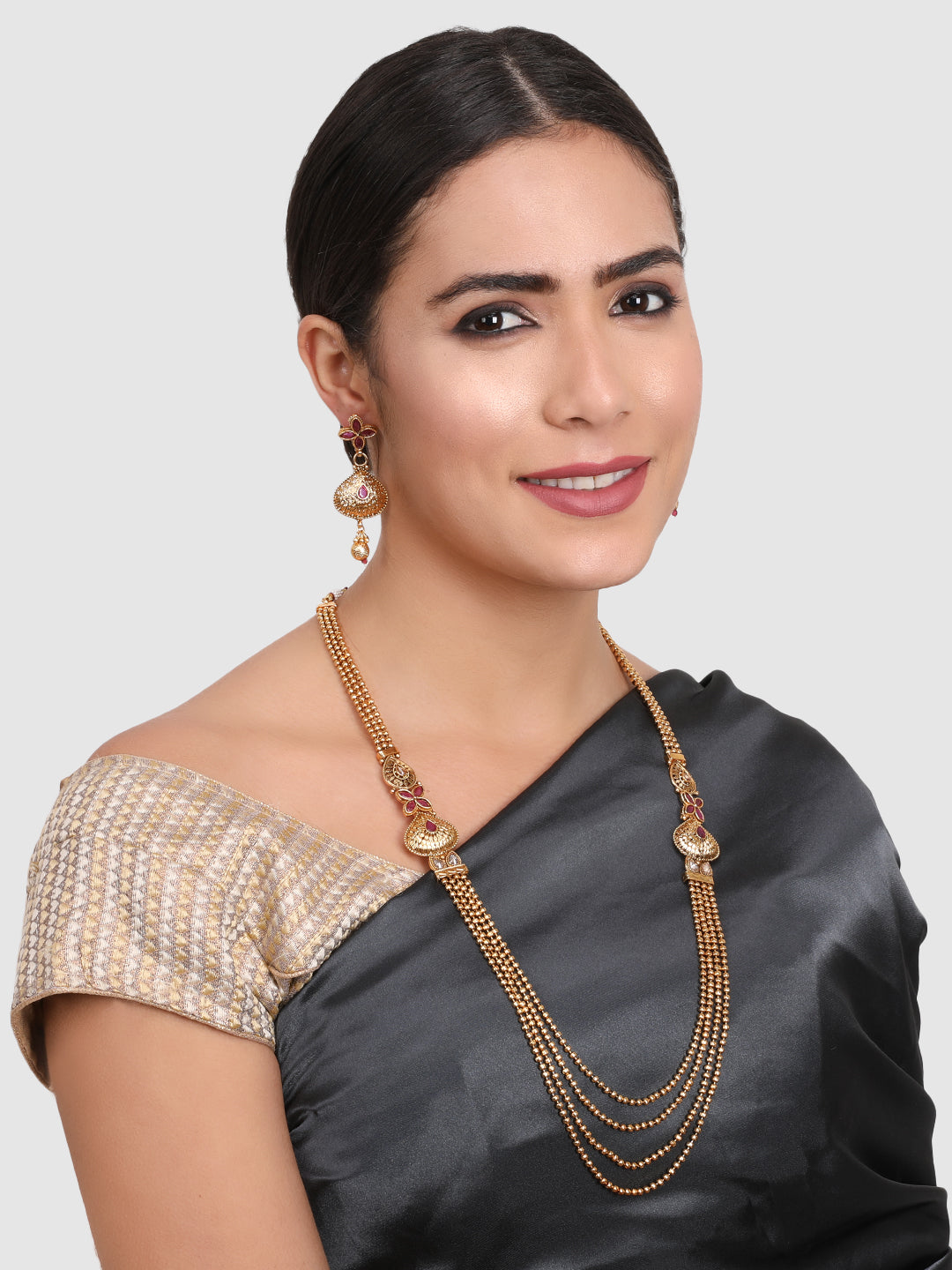 Gold-Plated Maroon Stone-Studded & Beaded Jewellery Set