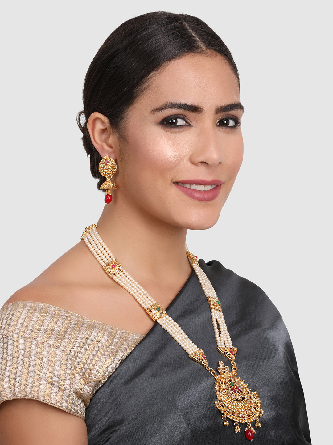 Gold Plated Off White Pearl String AD Studded Jewellery Set