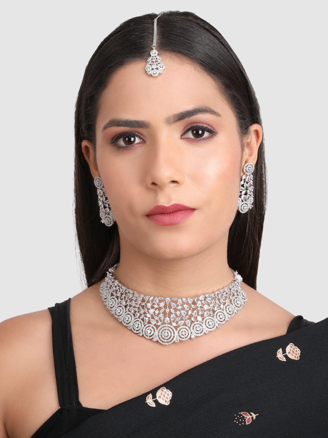 Silver-Plated & American Diamond -Studded Jewellery Set
