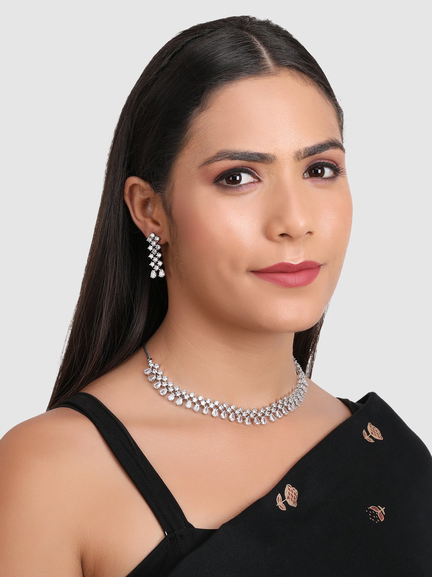 Silver Toned White AD Studded Jewellery Set