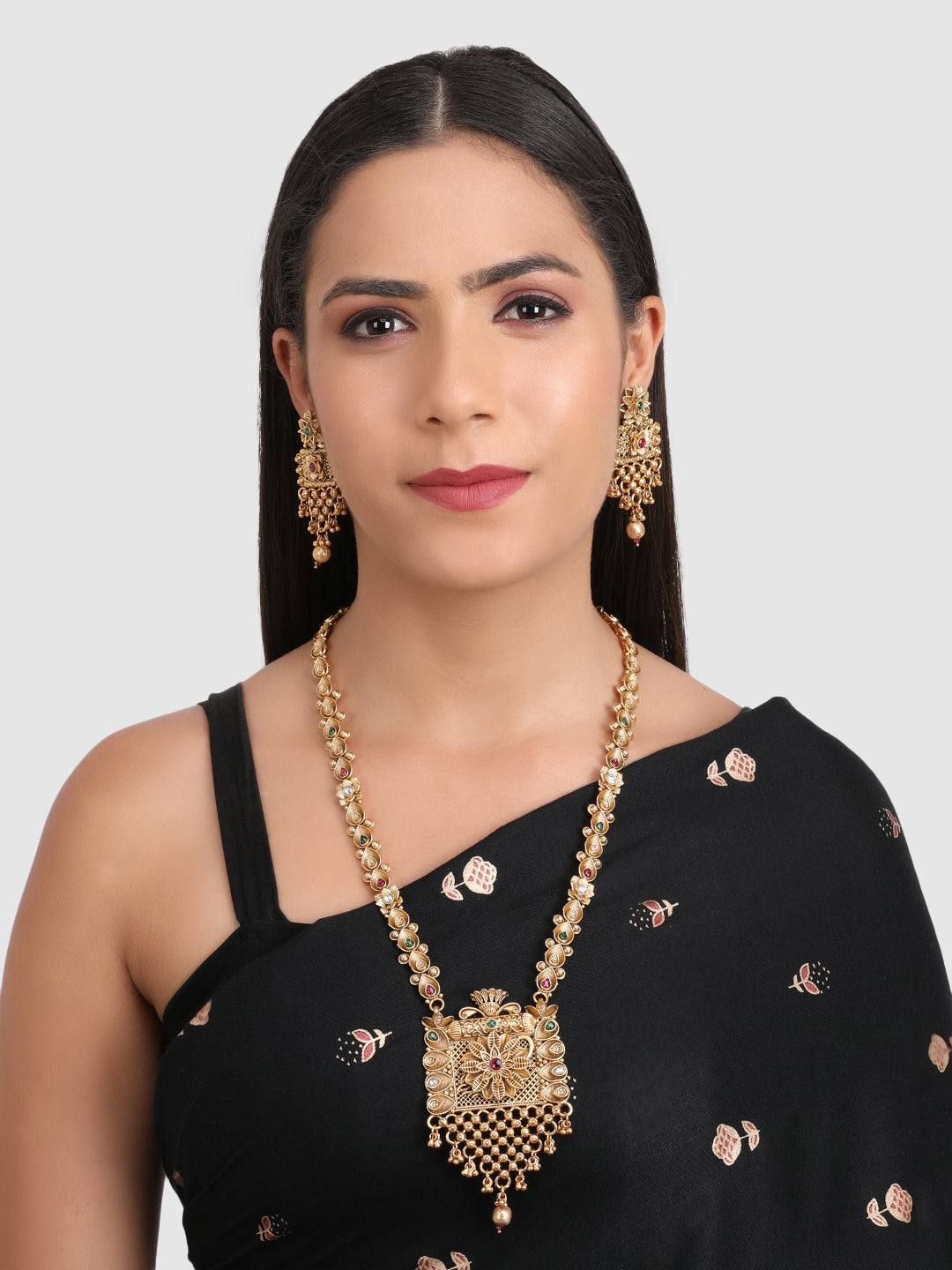 Gold Plated Green & White Stone Studded Jewellery Set