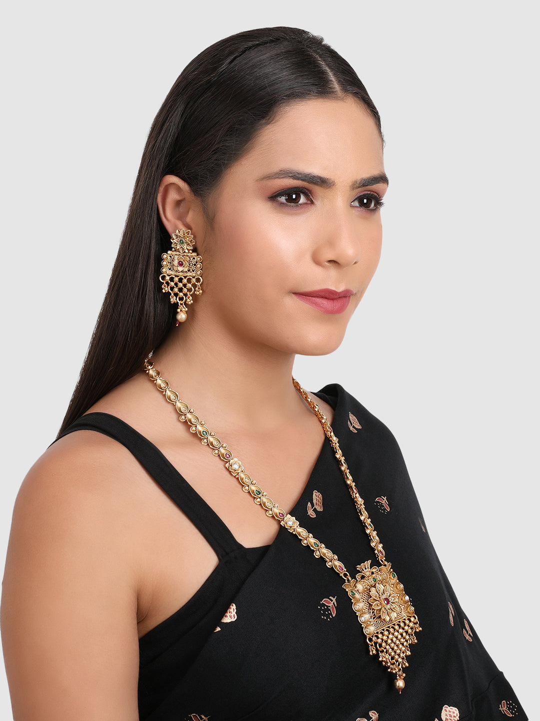Gold Plated Green & White Stone Studded Jewellery Set