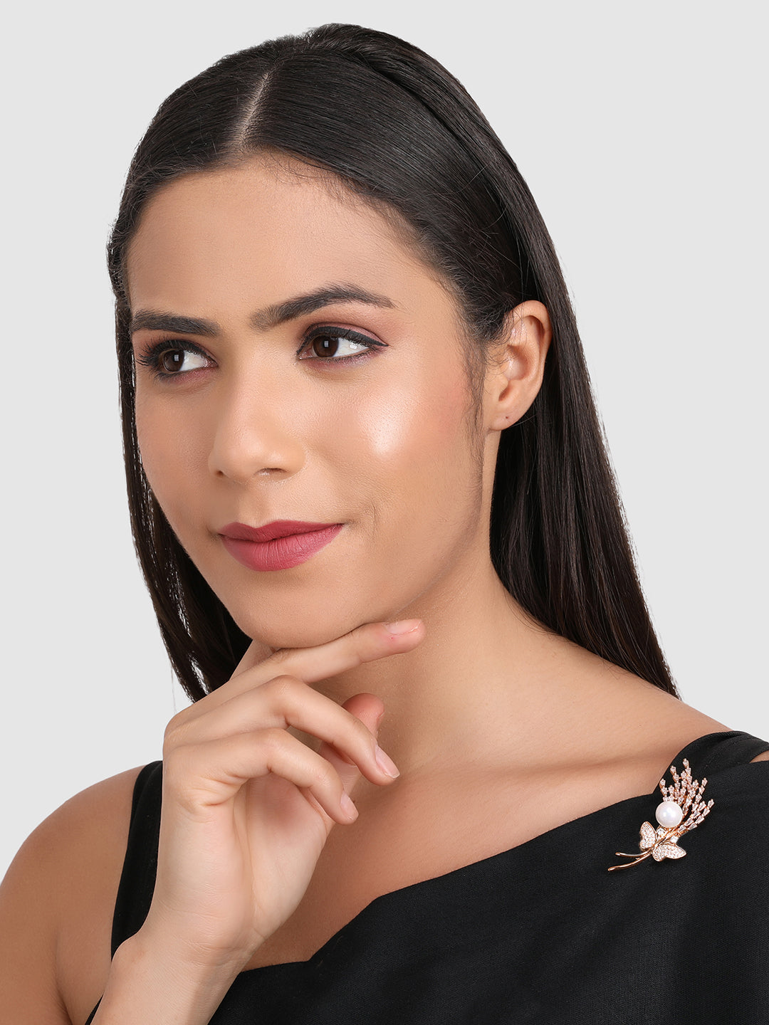 Women Gold Plated White CZ Studded Brooch