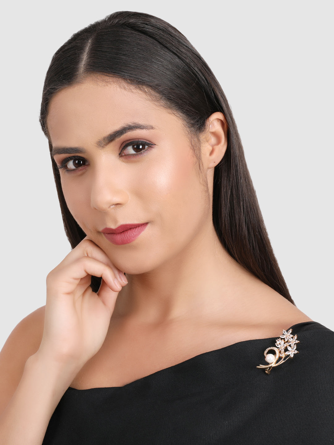 Women Gold-Plated White CZ Studded Brooch