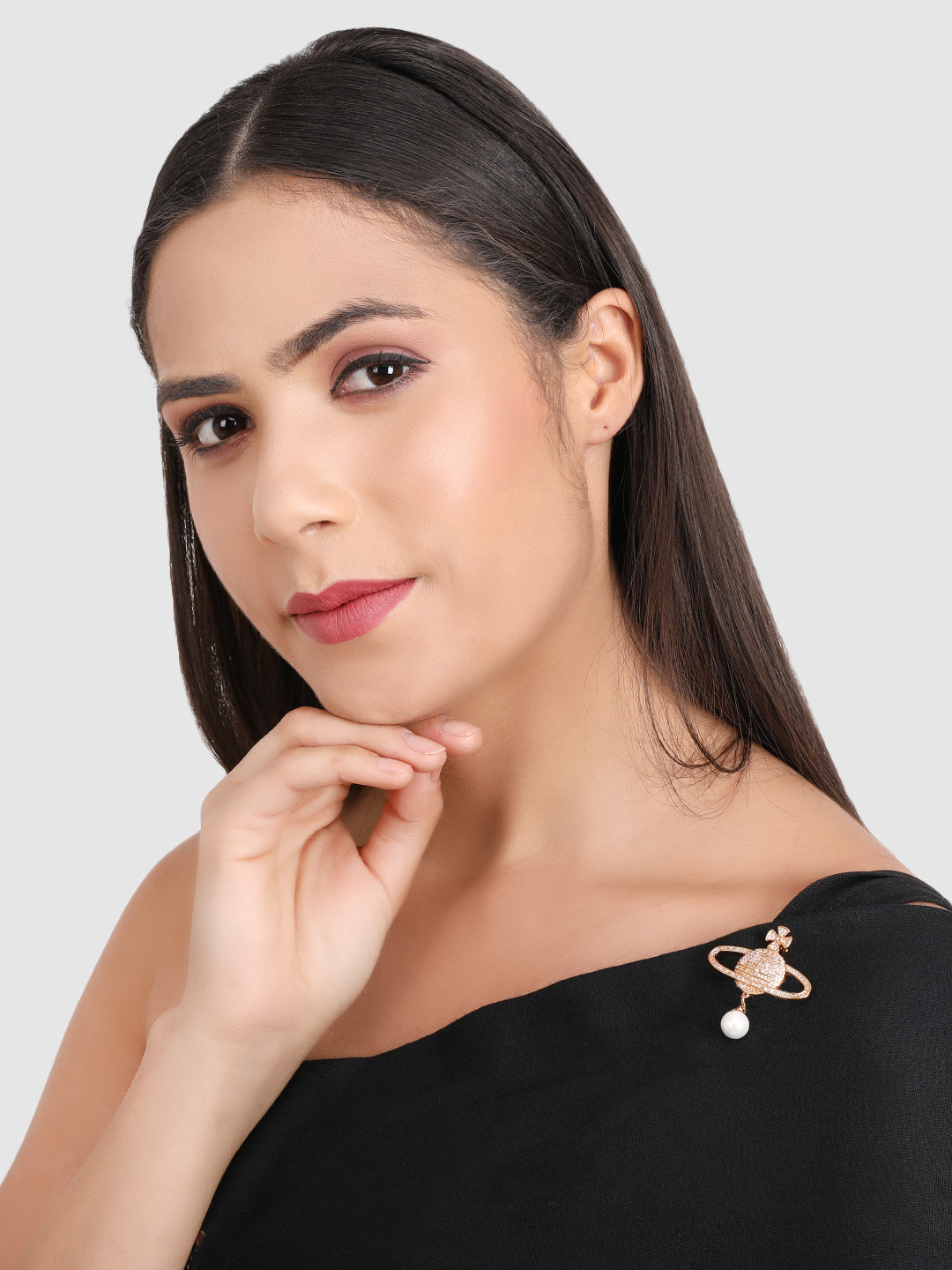 Women Gold Plated White CZ-Studded Saree Clip