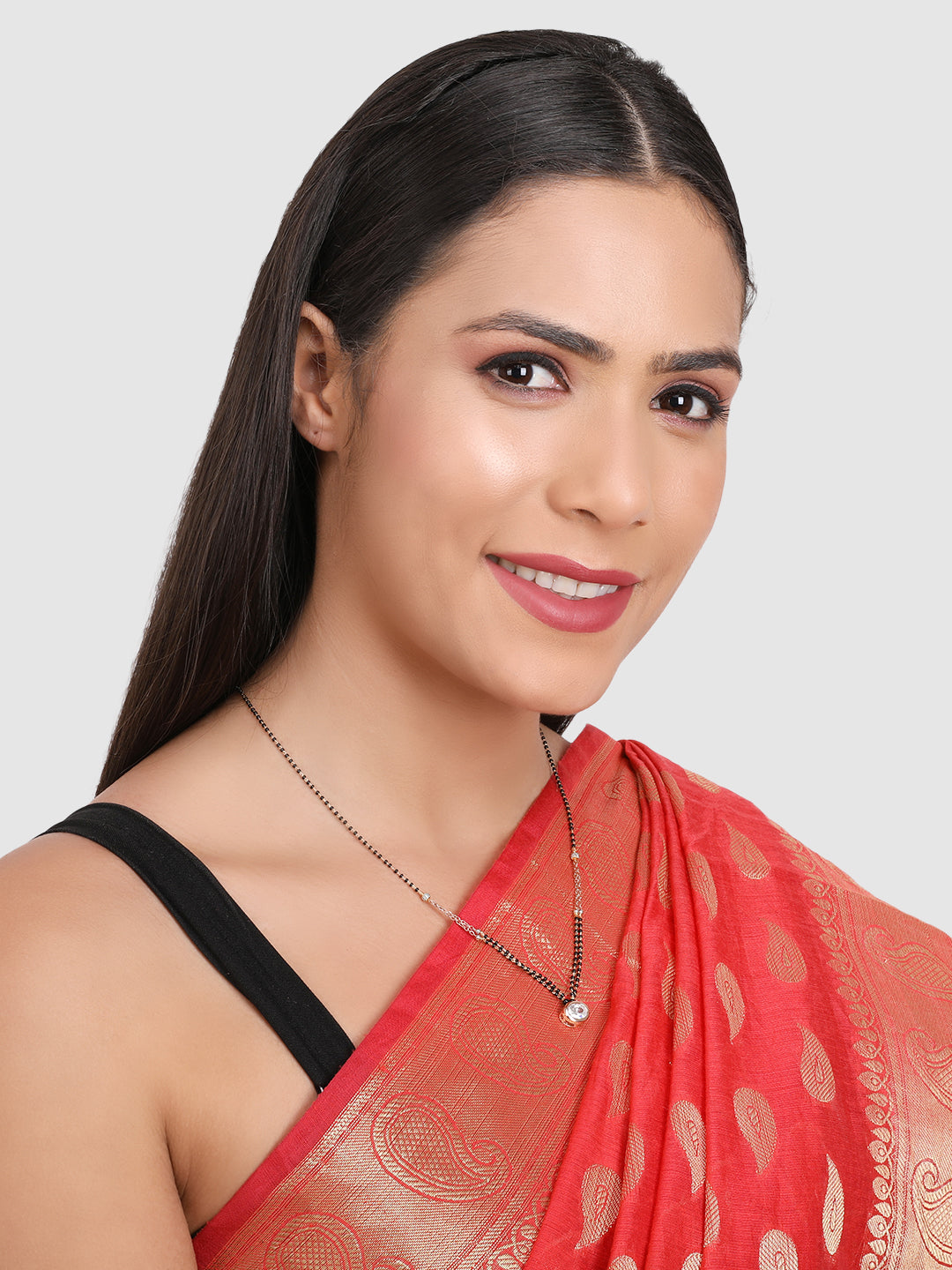 Gold-Plated Black & White Stone-Studded & Beaded Mangalsutra