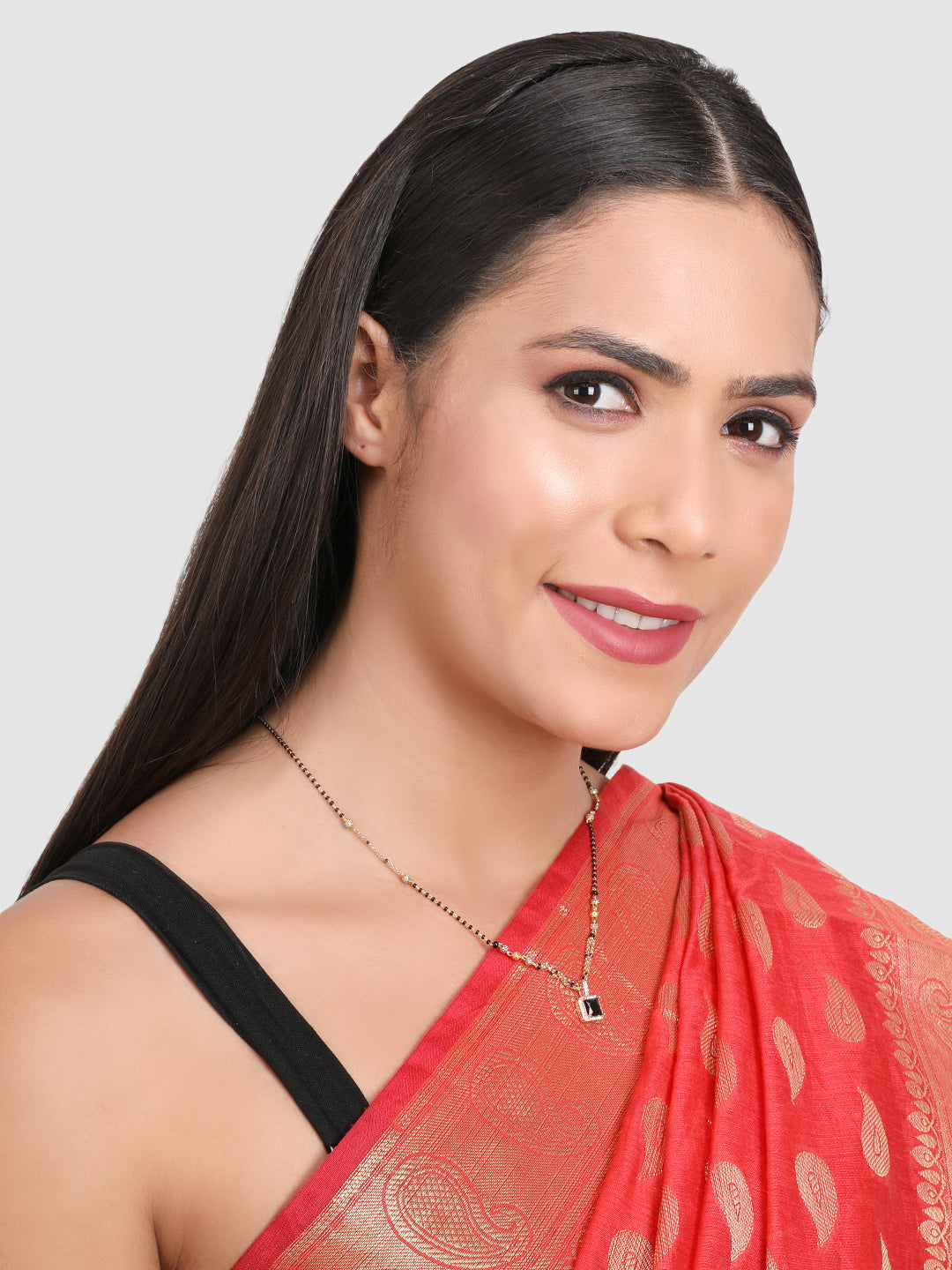 Gold-Plated & Black Stone Studded & Beaded Mangalsutra