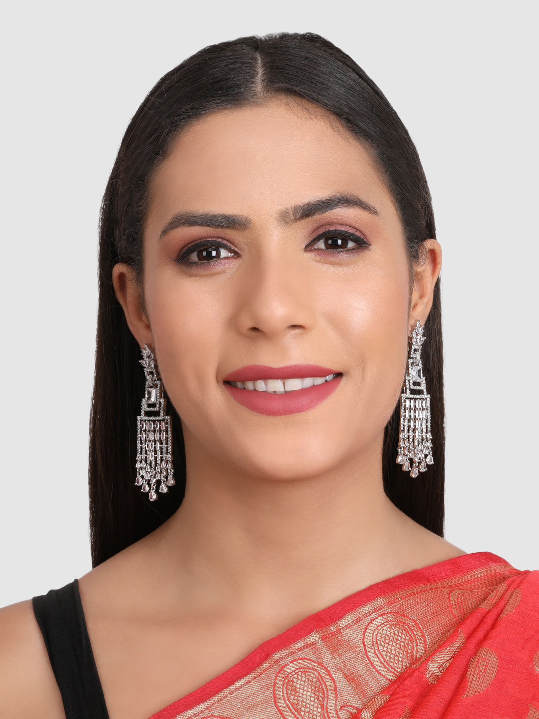 White AD studded Silver Plated Designer Square Drop Earring